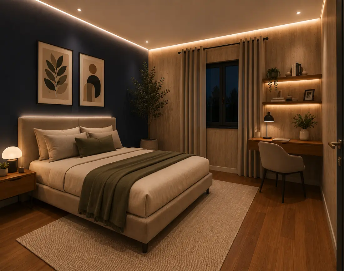 Chambre avec mur bleu nuit, étagères éclairées et coin bureau