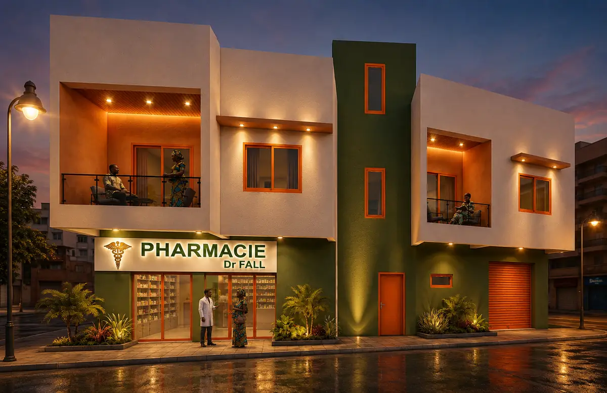 Rendu 3D de nuit du bâtiment commercial réhabilité avec pharmacie au rez-de-chaussée
