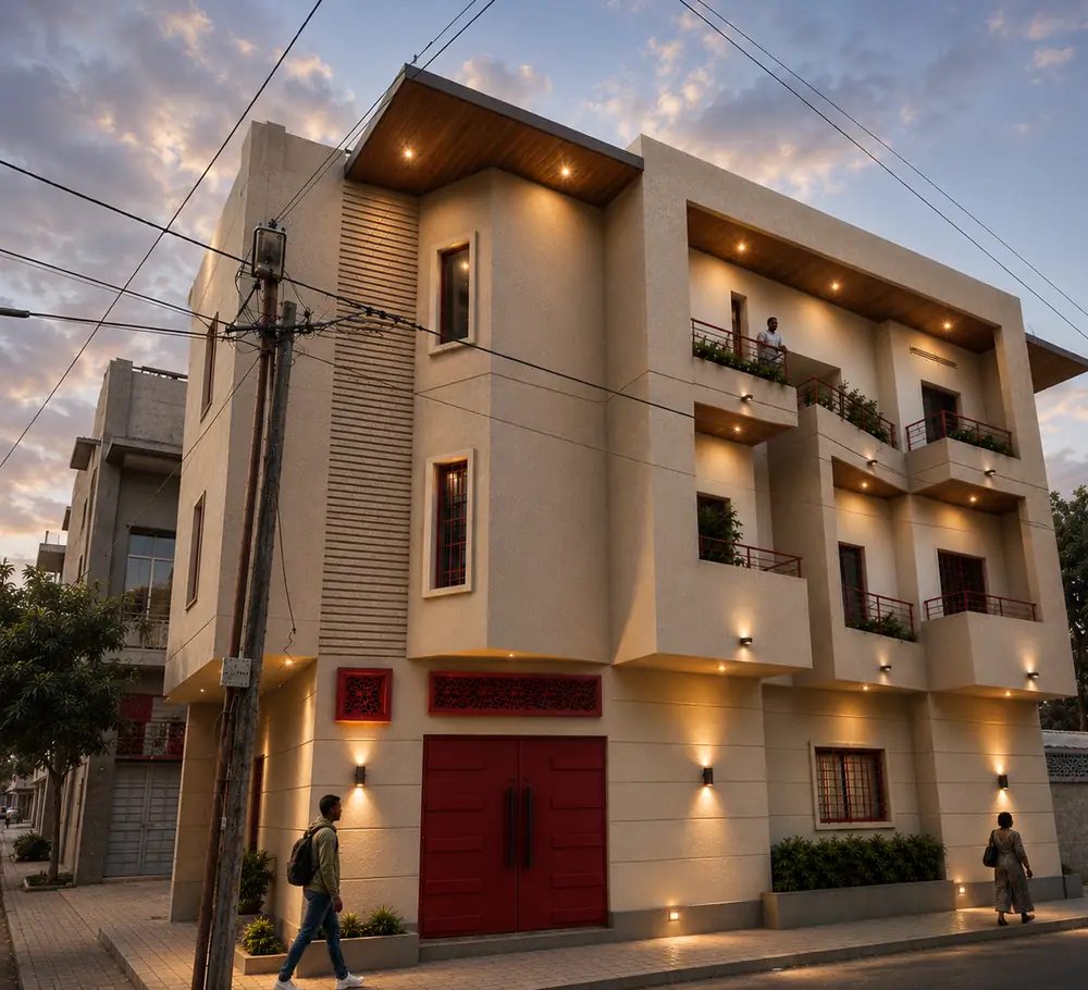Rendu 3D de l'immeuble de Ziguinchor vu à l'angle de la rue, au crépuscule