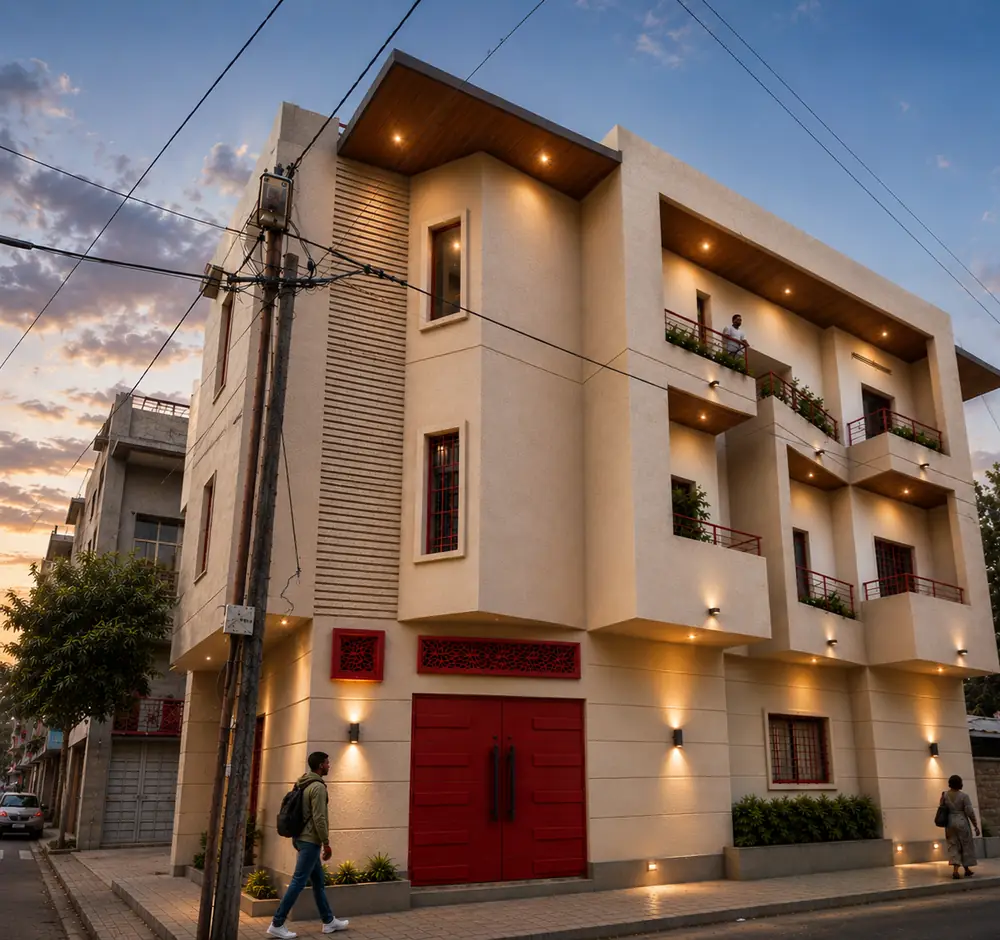 Rendu 3D de l'immeuble de Ziguinchor, vue d'angle rapprochée avec porte rouge