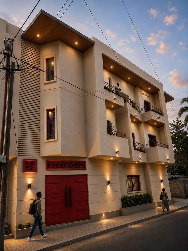 Rendu 3D de la façade latérale de l'immeuble de Ziguinchor avec balcons